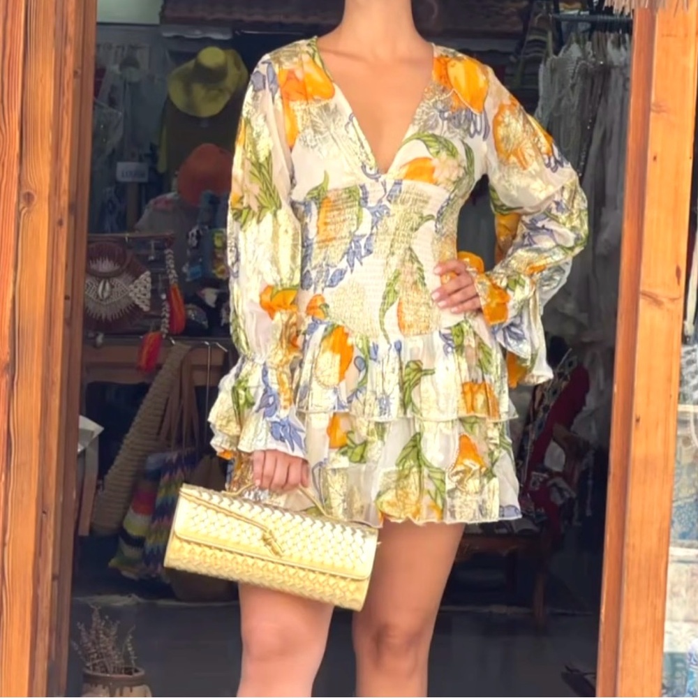 Metalic silver with yellow & blue pattern Long Sleeve summer Smock Dress NWT